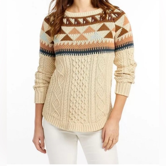 LL Bean Signature Fisherman Tunic Sweater Womens XS Chunky Cable Knit Stripes - Picture 1 of 11